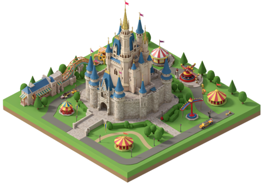 Isometric Low Poly Fantasy Theme Park with Majestic Castle, Thrilling Rides and Cheerful Ambiance, Rendered for Architectural Visualization and Whimsical Illustration