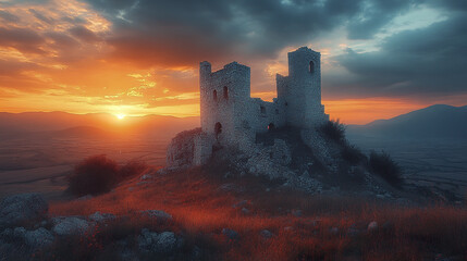 Fototapeta premium crumbling stone fortress stands against vibrant sunset, evoking sense of history and mystery