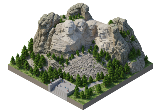 Miniature Mount Rushmore: A Detailed Isometric View of the Iconic Landmark and Visitors, Capturing the Essence of American Heritage and Travel Destinations with Artistic Rendering.