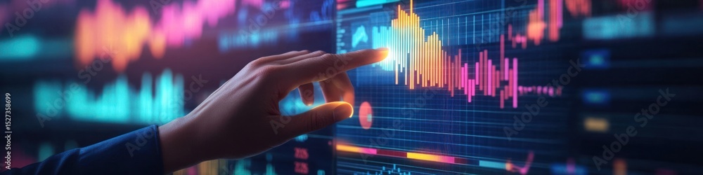 Poster a hand pointing at a digital graph with orange and pink bars against a dark blue grid background dis