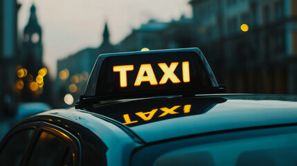 Illuminated taxi sign at dusk in a bustling city. The bright light reflects on the car's sleek surface.
