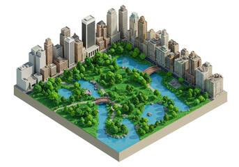 Isometric City Park Oasis: A Vibrant 3D Illustration of Urban Green Space and Modern Architecture, Featuring Lush Landscapes, Serene Waterways, and Iconic City Buildings for Design