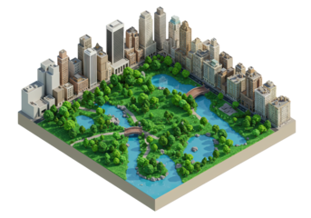 Isometric City Park Oasis: A Vibrant 3D Illustration of Urban Green Space and Modern Architecture, Featuring Lush Landscapes, Serene Waterways, and Iconic City Buildings for Design