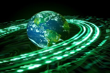 glowing lines of code wrapping around Earth in a dark background, concept of global digital infrastructure
