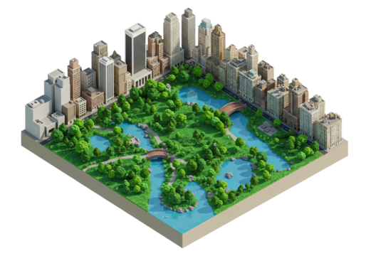 Isometric City Park Oasis: A Vibrant 3D Illustration of Urban Green Space and Modern Architecture, Featuring Lush Landscapes, Serene Waterways, and Iconic City Buildings for Design