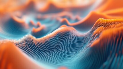 Abstract, vibrant, undulating terrain.  A digital landscape of swirling, textured ridges.  Soft, warm orange and cool blue hues create a dynamic visual