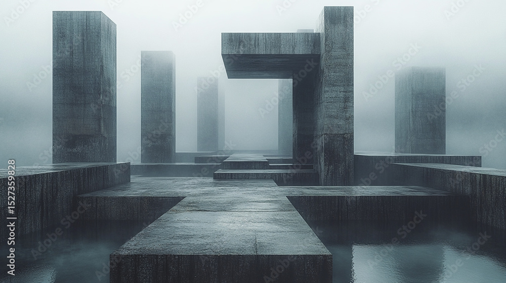 Poster mysterious concrete structures rise from foggy landscape, creating intriguing atmosphere