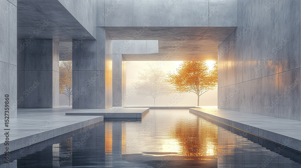 Aufkleber serene architectural space featuring concrete structures and reflective water surface
