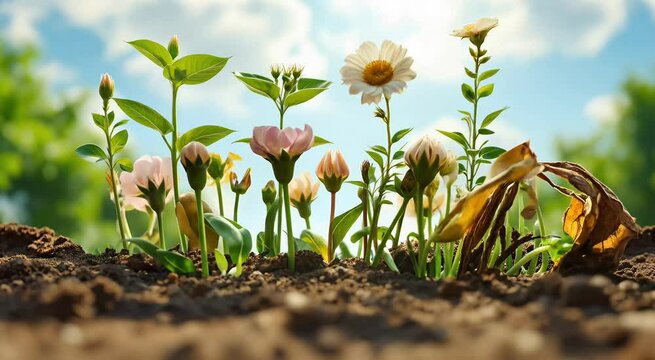Time-Lapse of Colorful Flowers Blooming in Garden Soil &ndash; Growth and Nature Video