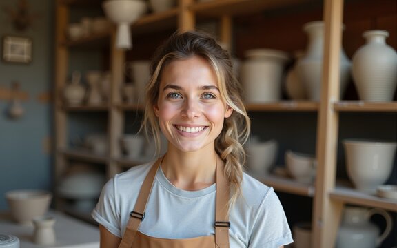 Portrait of young craftswoman standing at pottery studio and smiling. High quality
