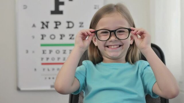 Happy Young Girl Trying On New Eyeglasses with Eye Chart in Background, Pediatric Eye Care and Vision Correction