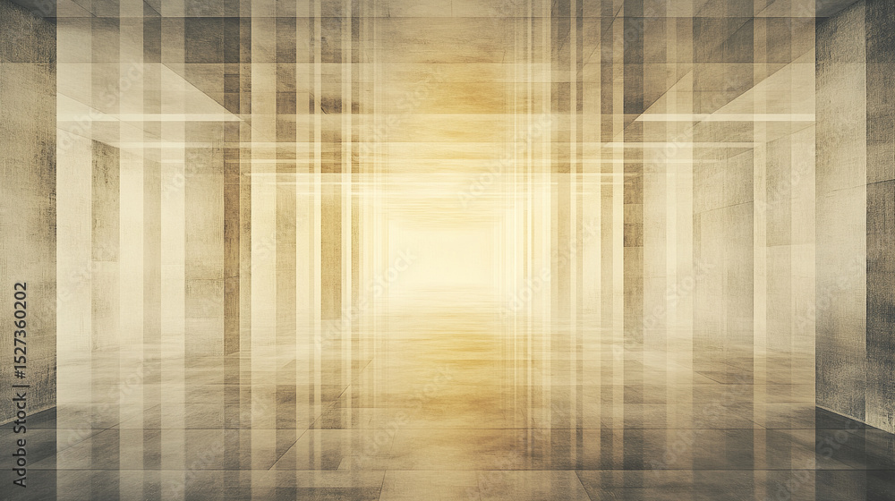 Poster serene and abstract interior space with diffused lighting and grid like structures