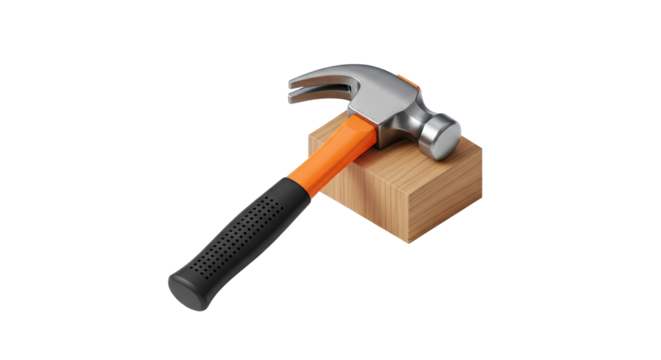 Hammer Time: A Clean, Modern Illustration of a Classic Claw Hammer Resting on a Wooden Block, Perfect for Construction, DIY, and Home Improvement Projects, Presented on a Minimalist Black Background.