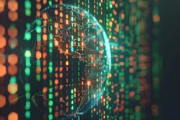 Obraz premium glowing lines of code wrapping around Earth in a dark background, concept of global digital infrastructure 