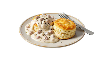 Southern Comfort: A Delicious Plate of Biscuits and Gravy, a Classic Breakfast Staple Perfect for Comfort Food Cravings and Weekday Morning Treats