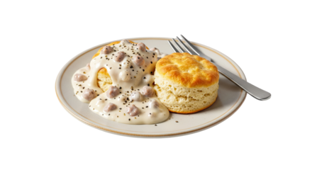 Southern Comfort: A Delicious Plate of Biscuits and Gravy, a Classic Breakfast Staple Perfect for Comfort Food Cravings and Weekday Morning Treats