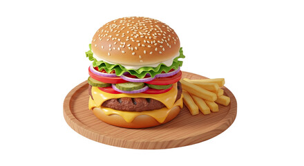 Delicious and Mouthwatering Burger with Fries, a Classic American Fast Food Meal on a Wooden Plate, Perfect for Restaurant Menus and Food Advertisements, High Resolution Image to Showcase