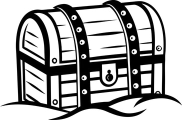 pirate treasure chest illustration vintage wooden box with metal bands, locked with padlock adventure, treasure hunt concept