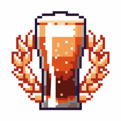 Fototapeta premium Pixel art glass of beer with wheat decoration retro gaming style, beverage illustration