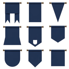 Collection of Blank Blue Medieval Banners on Black Background, Ready for Your Crest or Message - Ideal for Historical Games, Fantasy Illustrations, and Heraldry Projects