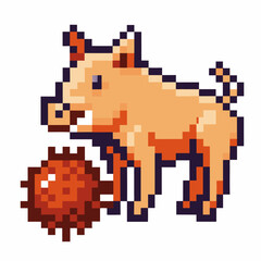 Fototapeta premium Pixelated pink dog holding red brown spiky ball retro digital design, video game art stylized image