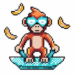 Fototapeta premium Pixelated monkey surfing with bananas, retro gaming art