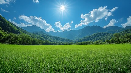 Obraz premium Vibrant Lush Green Meadow with Mountain Range Under Sunny Sky and Clouds - Serene Landscape for Wallpaper, Advertising, or Editorial Use