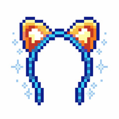 Fototapeta premium Pixel art headband with blue bow and sparkles on a transparent background