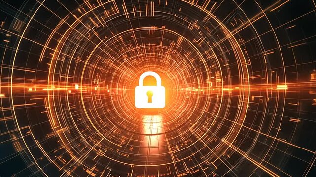 Abstract digital lock symbol in a glowing circular pattern representing cybersecurity and data protection