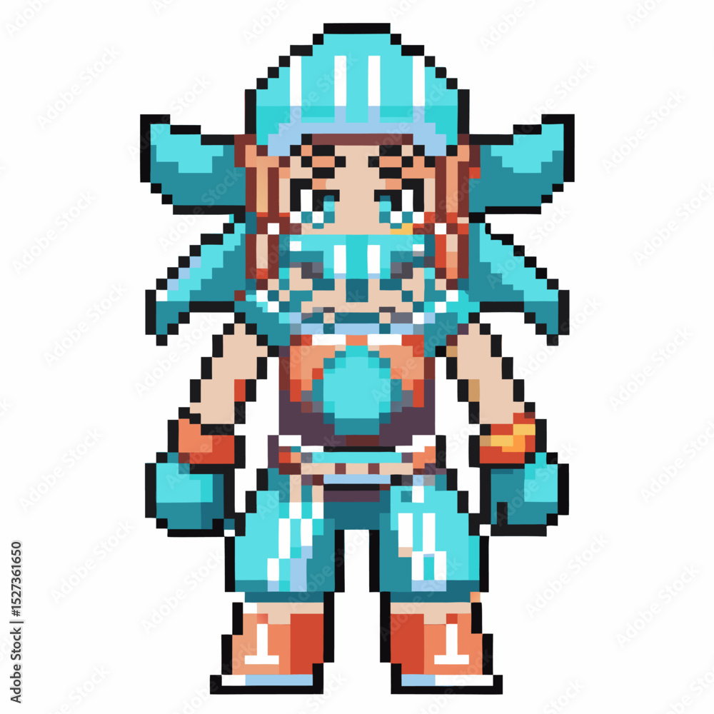 Poster pixel art warrior character in blue armor and helmet with pixelated graphics and retro video game de