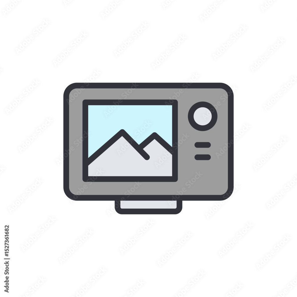 Poster digital frame displaying mountain range scenery with button controls