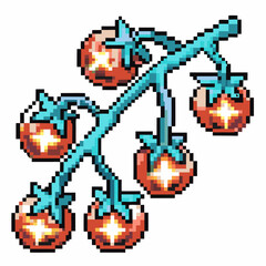 Obraz premium Pixel art tomato vine with ripe, glowing tomatoes reflecting a digital, retro aesthetic