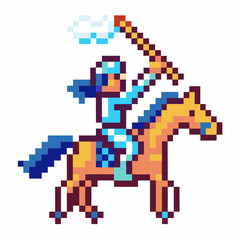 Obraz premium pixel art knight on horseback with lance raised, medieval fantasy adventure in retro