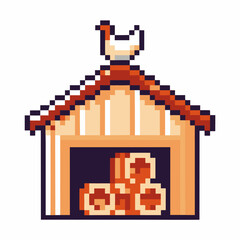 Pixel art barn with hay and rooster on roof rustic farm symbol, retro game style, agricultural theme