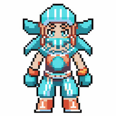 Fototapeta premium Pixel art warrior character in blue armor and helmet with pixelated graphics and retro video game design