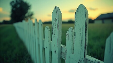 Aged white picket fence at sunset