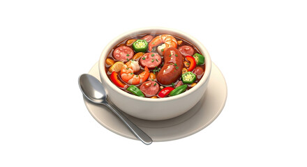 Delicious Seafood Gumbo Illustration: A Flavorful Bowl of Shrimp, Sausage, and Okra in Rich Broth, Served with a Spoon, Isolated on Black Background. Perfect for Food Blogs, Recipes, and Culinary