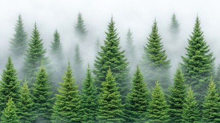 Obraz premium Evergreen Forest Trees Amidst Thick Fog Creating a Mysterious Atmosphere