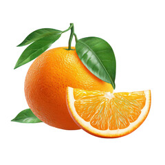 Orange fruit with slice and leaves isolated on transparent background