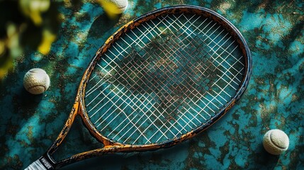 Aged tennis racket on teal surface with balls