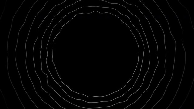 Expanding concentric white circular waves on black background. Motion
