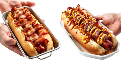 Hot dog with mustard, ketchup, bacon, isolated on white transparent background. Fast food concept.