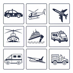 Transportation Icons Set of Nine Simple Vehicle Illustrations for Web and App Design