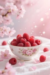 Raspberries in Floral Bowl with Cherry Blossom Background