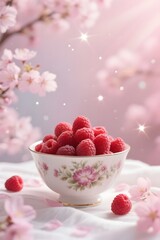 Raspberries in Floral Bowl with Cherry Blossom Background