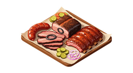 Mouthwatering BBQ Platter Illustration: A Tempting Display of Smoked Meats, Ribs, Sausage, and Brisket on a Wooden Tray, Perfect for Barbecue Restaurants, Food Blogs, and Advertising