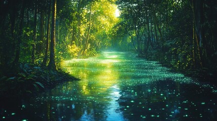 Fototapeta premium A bioluminescent rain forest where rivers glow with a soft neon-green shimmer 