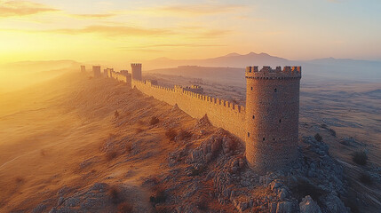 Majestic fortress wall with guard towers along rocky ridge at sunset, evoking sense of history