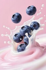 Fototapeta premium Blueberries Splashing into Pink Yogurt