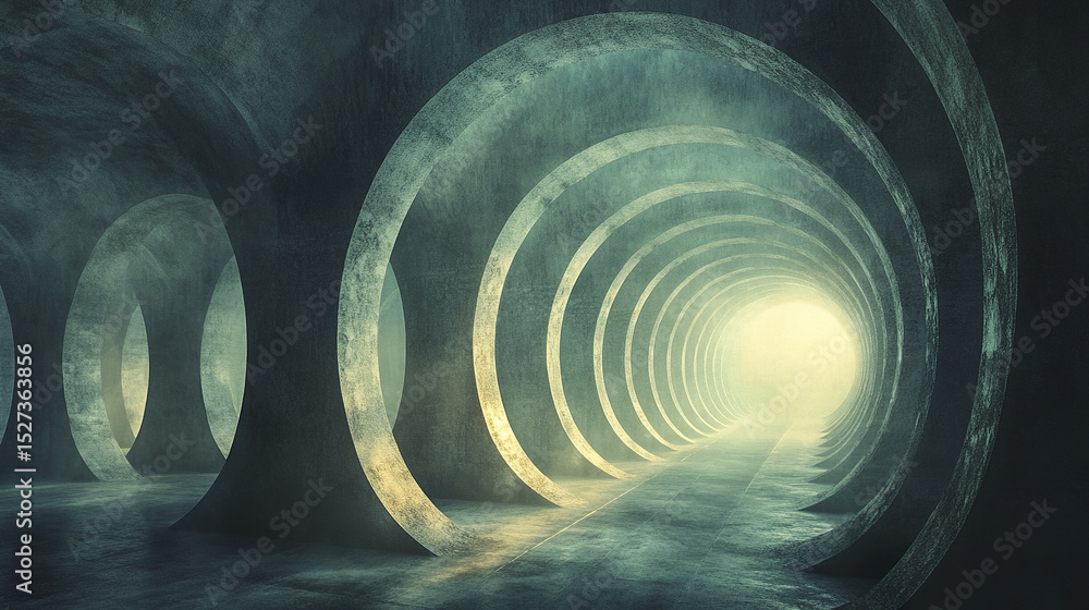 Poster surreal tunnel with circular arches creates mysterious atmosphere, inviting exploration